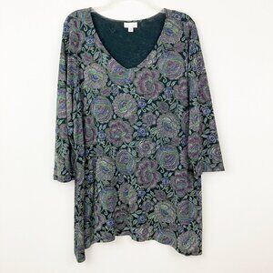J. Jill Floral Tunic Top Size XL 3/4 Sleeve V-neck Sharkbite Hem Black Purple